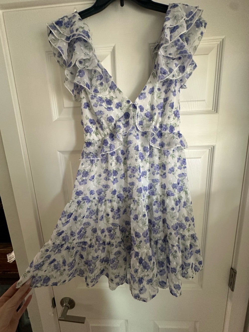 Trixxi White Mini Dress with Lavender Floral Print and Ruffle Trim